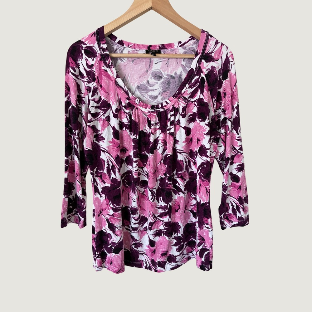 Talbots Womens Pink Floral 3/4 Sleeve Scoop Neck Pleated Knit Top Large